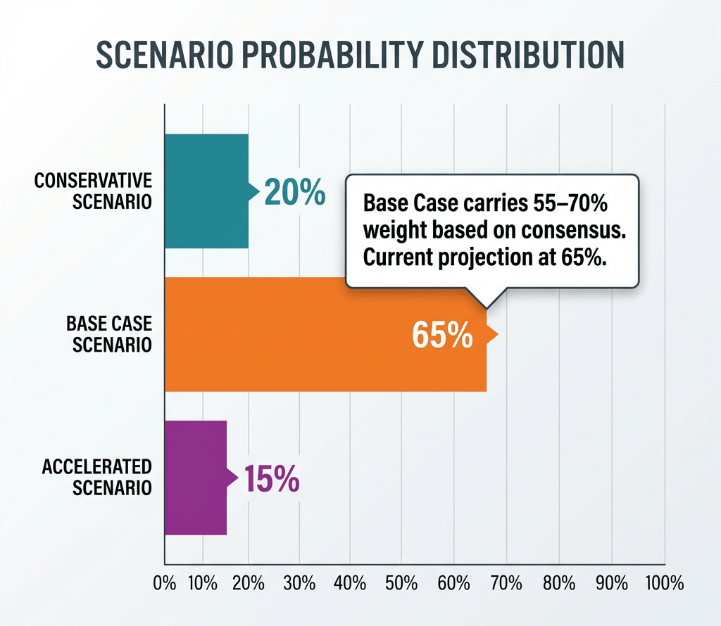 Bar chart showing conservative adoption at 20 percent, base case at 65 percent, accelerated adoption at 15 percent probability