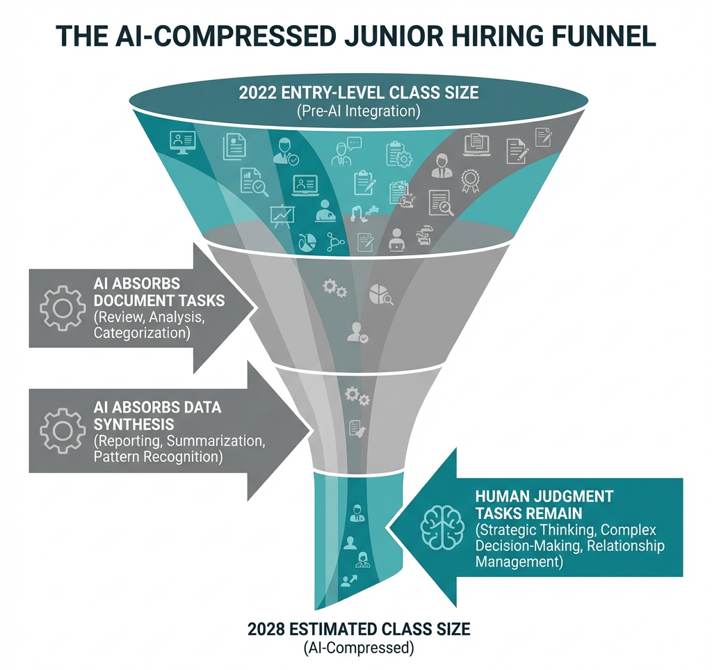 Funnel diagram showing narrowing entry-level white-collar hiring from 2022 to 2028 as AI absorbs routine tasks
