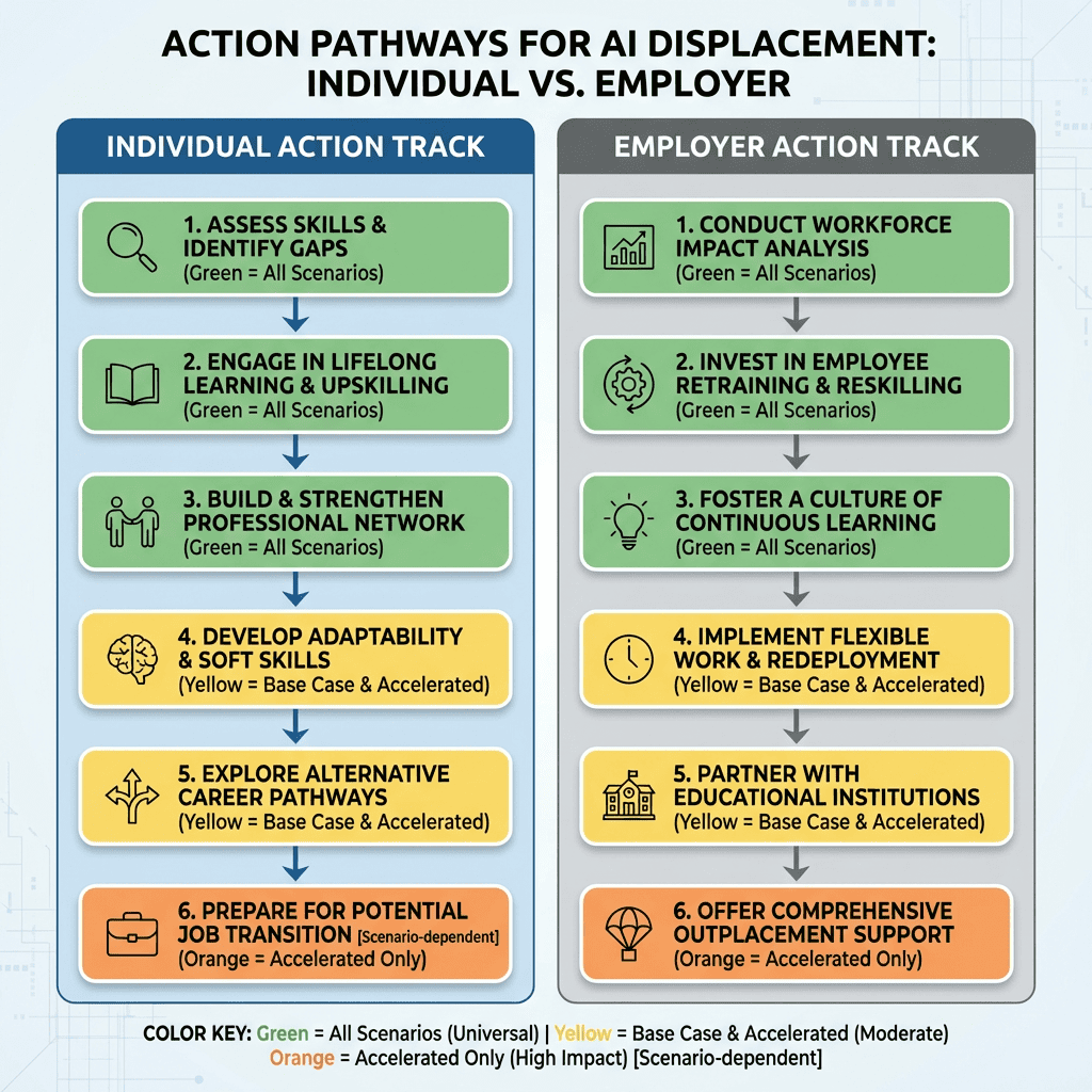 Side-by-side action plan showing six steps each for individual workers and mid-size employers facing AI displacement