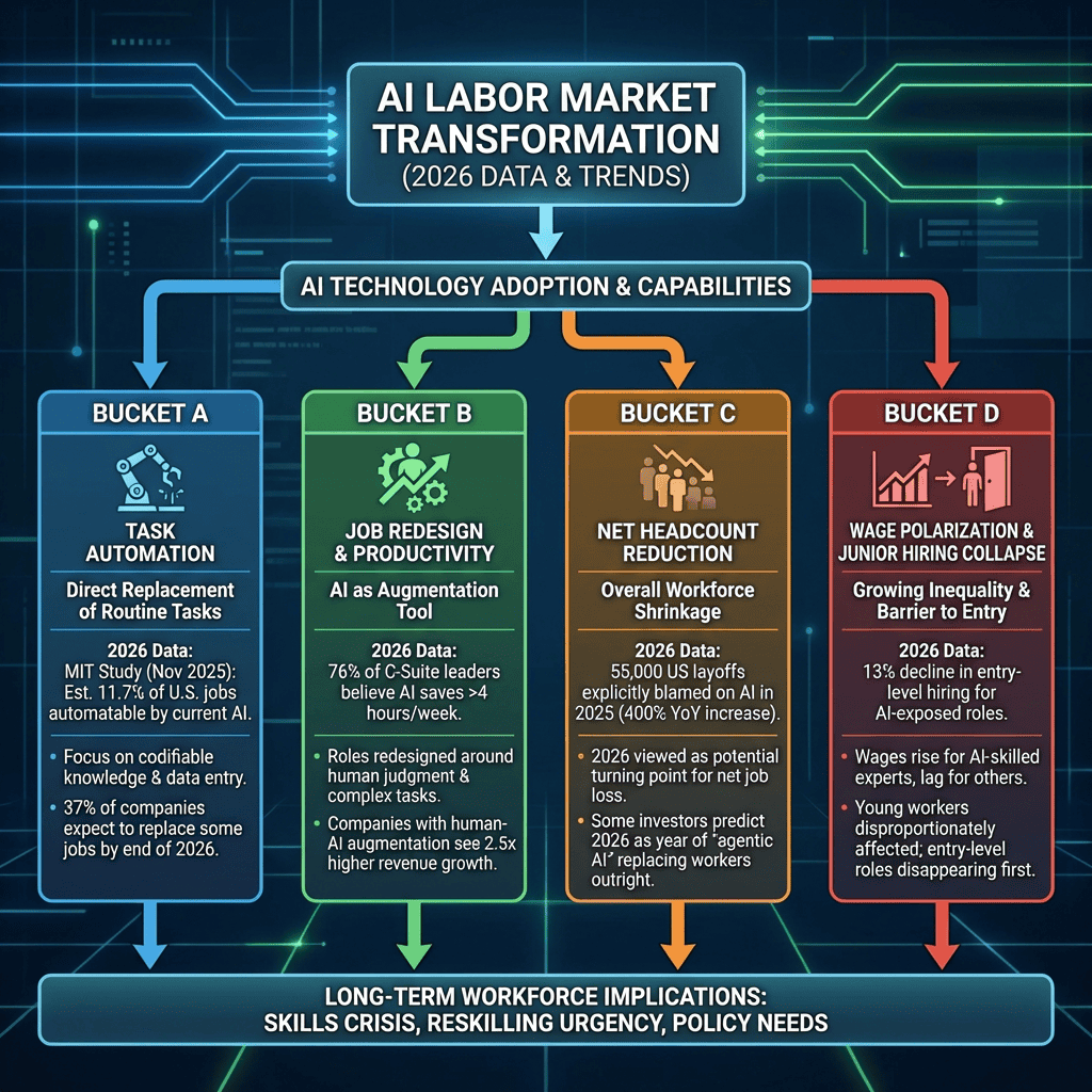 Flowchart illustrating 4 AI labor displacement mechanisms: Bucket A (Task Automation), Bucket B (Job Redesign/Productivity), Bucket C (Net Headcount Reduction), and Bucket D (Wage Polarization/Junior Hiring Collapse). Based on 2026 labor data.