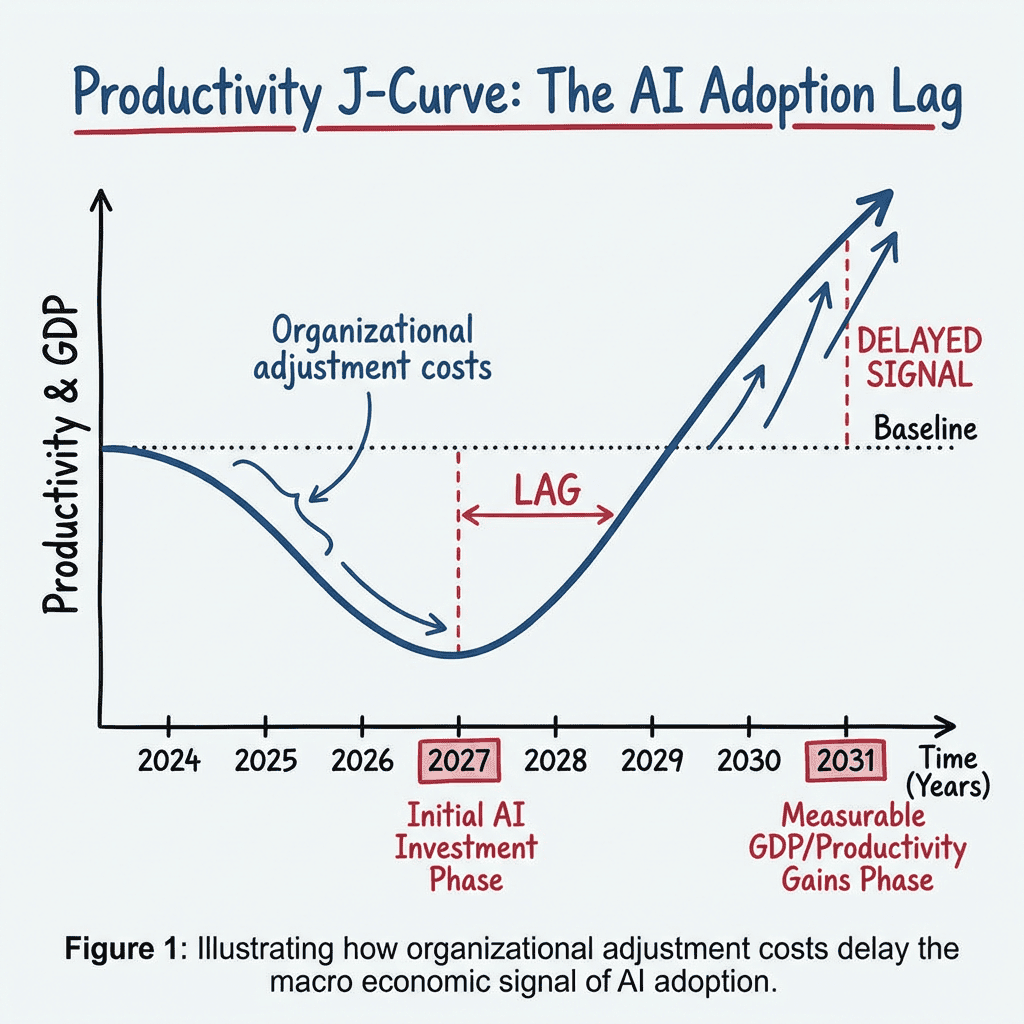 A productivity J-curve graph showing the lag between initial AI investment (2024-2027) and measurable GDP/productivity gains (2028-2031). It illustrates how organizational adjustment costs delay the macro economic signal of AI adoption