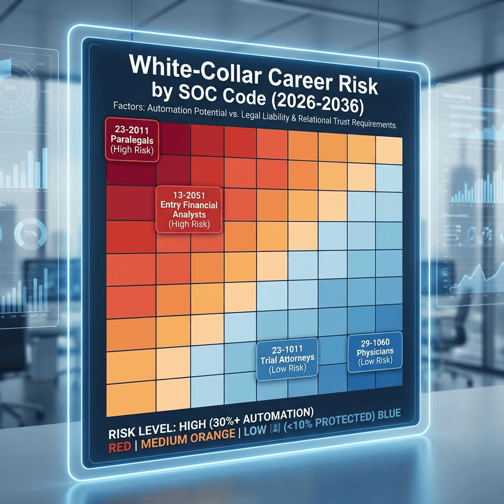 Heat map of white-collar career risk by SOC code for 2026-2036. High-risk roles include Paralegals and Entry Financial Analysts (30%+ automation). Low-risk roles include Trial Attorneys and Physicians, protected by legal liability and relational trust requirements.