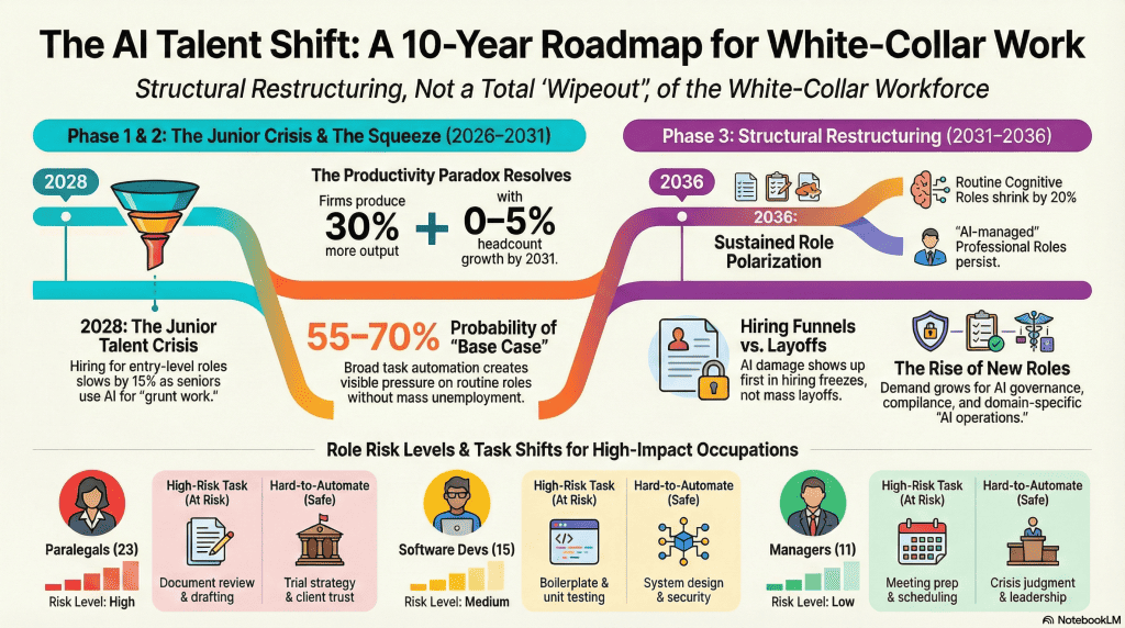 10-year roadmap showing AI talent shift phases from 2026 Junior Crisis through 2036 Structural Restructuring